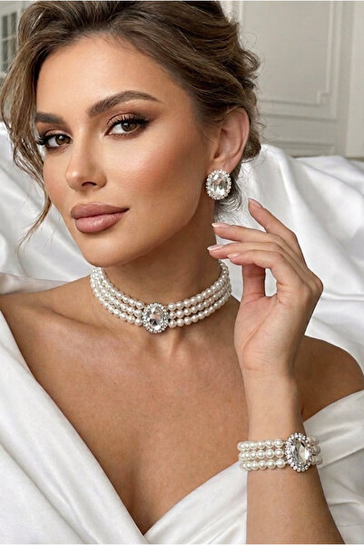 Happyline İncili bal oval taşlı gümüş kaplama cam inci choker kolye tasarım ş...