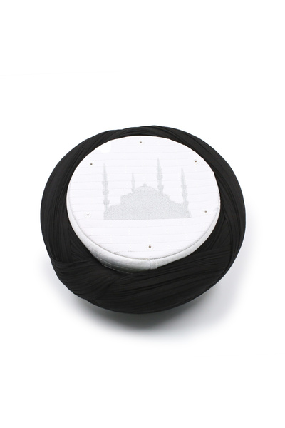 Sarıkhane Mosque Yellow Tapestry – Black Fabric – White Skullcap – Crossed Wi...