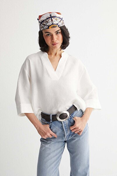 Silk and Cashmere Ekru Kate Keten Hakim Yaka Bluz