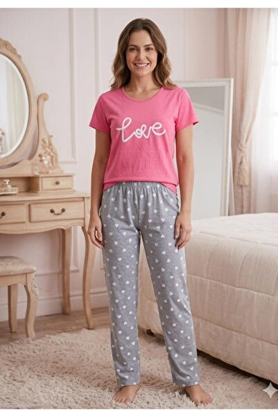 TOSKI Γυναικείες ροζ πιτζάμες, κοντομάνικες και με μακρύ παντελόνι, μοντέλο Love