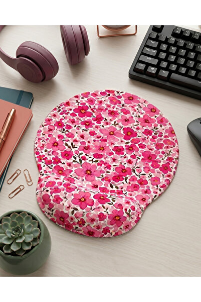 matizya Pembe Floral Desenli Bilek Destekli Mousepad – Çiçek Temalı Ergonomik...