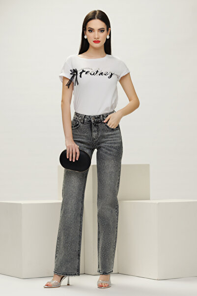 Fofy Tricou dama alb premium cu broderie cristale si fundita din dantela