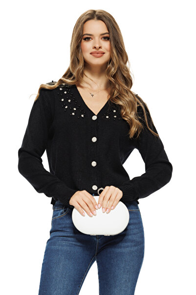 Fofy Elegant black women's sweater in jacket style with crystal buttons and p...