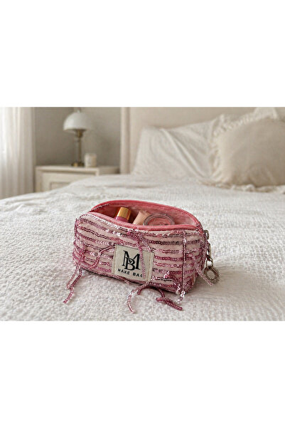 MAKE BAG PEMBE BONCUKLU CEP BOY MAKYAJ ÇANTASI