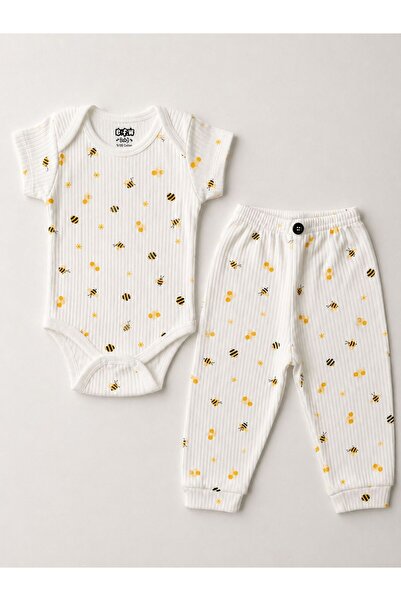 EFU BABY 2'li Arı Desenli Pamuklu Unisex Bebek Kısa Kol Body Pantolon Takım