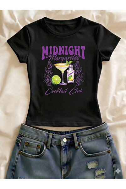 Vordevia Tricou crop cu mânecă scurtă, cu imprimeu Margarita, din Lycra, cu d...