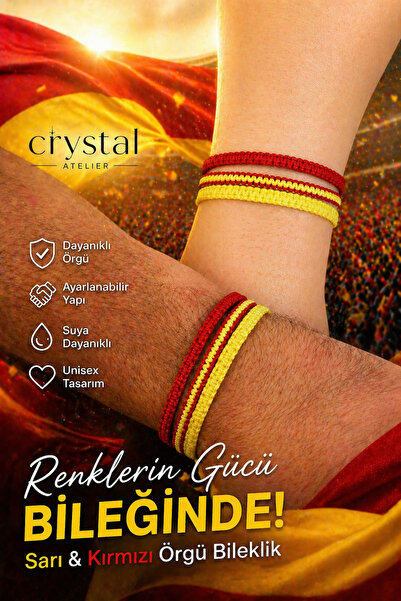 Crystal Atelier مجموعة من 3 أساور مكرامية صفراء وحمراء - أساور محبوكة يدويًا ...