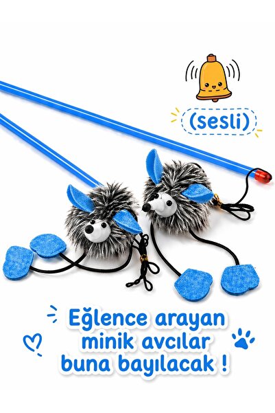 HAYHAYPETSHOP Sesli Kedi Oyuncağı Kirpi Sesli Olta Dayanıklı Tüylü Av Oyuncağ...