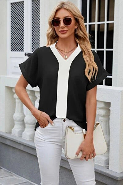 Butik Women's Short Sleeve V-Neck Sandy Blouse with Front Stripe Detail