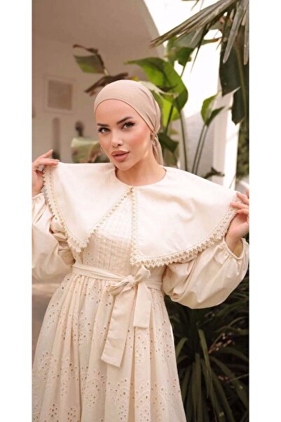 Moda Asrın PELERİN YAKA ASTARLI KEMERLİ %100 PAMUK FİSTO ELBİSE EKRU