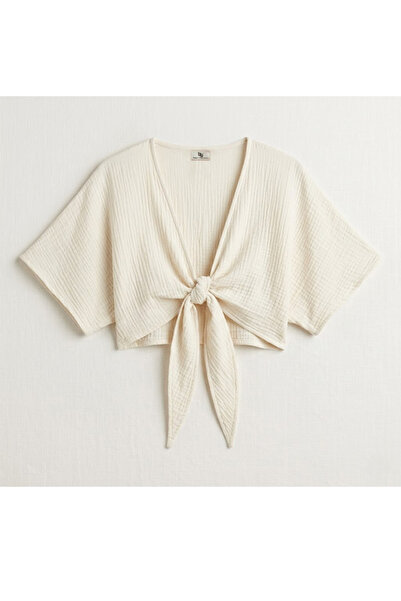 Beyza Yalçınkaya %100 Pamuk Kimono Görünümlü Önden Bağlamalı Crop Bluz - Kate...
