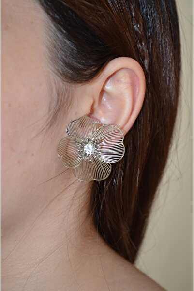 shop Silver Color Wire Flower Earrings with Zircon Stone Detail