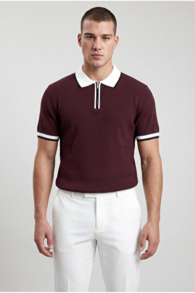 MODASPARK Burgundy Polo Collar Zippered Short Sleeve Men's T-Shirt