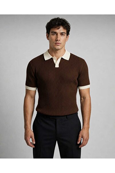 ModaAzen Brown Polo Collar Buttoned Short Sleeve Men's T-Shirt