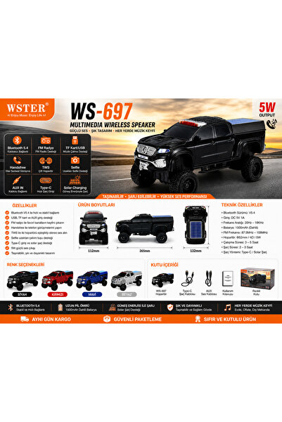CEBE İLETİŞİM WS-697 Bluetooth Hoparlör Araç Tasarımlı Solar Şarjlı 5W USB TF...