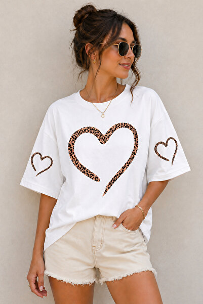 ArtYus Μπλουζάκι Unisex Oversize με σχέδιο λεοπάρ και στάμπα καρδιάς – Βαμβακ...