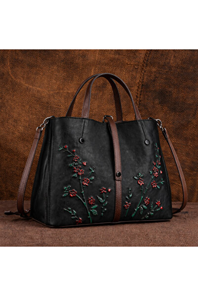 PriStyle Geanta Premium de Piele Naturala pentru Dama, Model Elegant cu Flori...