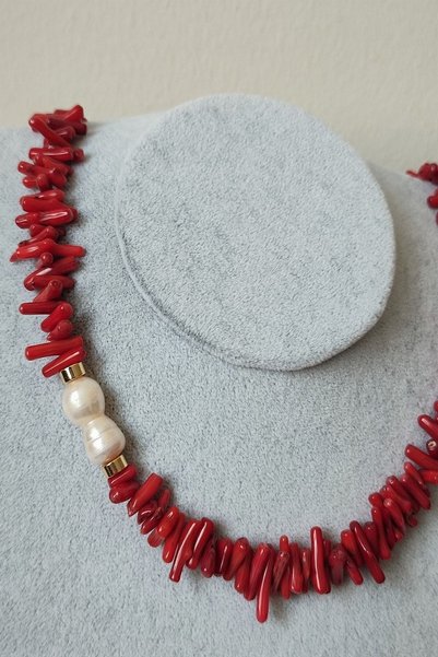 c-bhadu naturel Certified Red Coral Real Pearl Natural Stone Necklace