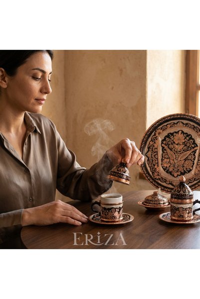 ERİZA Special Presentation Set with 4 Cups, Tray, and Turkish Coffee Cups, Handcrafted Copper Coffee Set