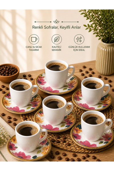 Karçiçeği Home 6’lı Çiçek Desenli Seramik Türk Kahvesi Fincan Takımı – Renkli...