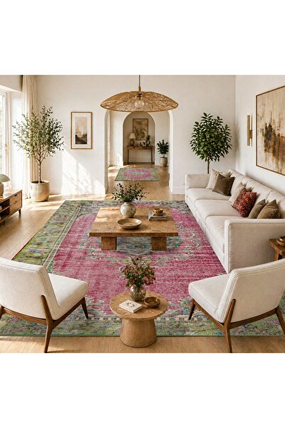 KİLİMİSTAN Pembe Vintage Çiçek Desenli Kilim Kaymaz Dokuma Taban Yıkanabilir ...