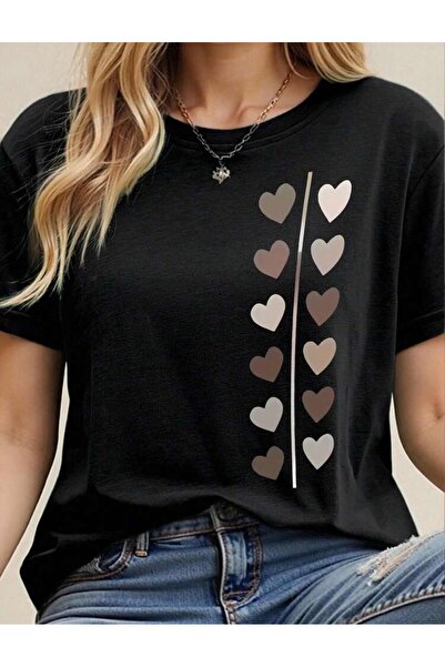 Oceanwear Heart Detailed Printed Short Sleeve Women's Black Tshirt