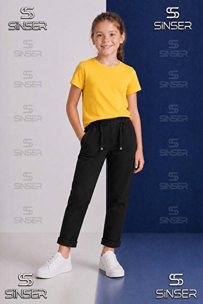 SS SİNSER Girls' Plain Trousers with Elastic Waist, Lycra, Folded Cuffs Style...