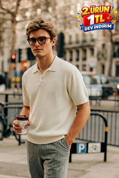 DAMGA JEANS Ανδρικό μπλουζάκι με υφή, φαρδύ κοντομάνικο, κρεμ πλεκτό, με λαιμ...