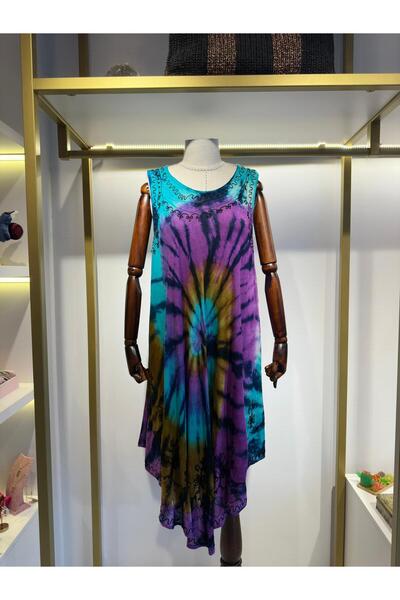 İthal Tasarım Mavi Batikli Standart Elbise