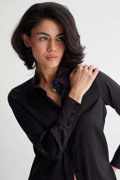 Silk and Cashmere Siyah Saf İpek Audrey Uzun Kollu Gömlek