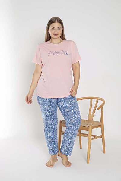 SENFONİ Pembe/Mavi Desenli Kısa Kollu Büyük Beden %100 Pamuk Pijama Takımı – Rahat ve Konforlu Ev Giyimi