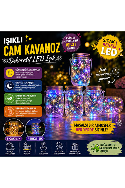 Yapısan Güneş Enerjili Işıklı Cam Kavanoz LED Dekoratif Lamba | Bahçe, Balkon...