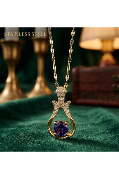 stainless steell gold renk zincirli lila taş saz model kararmaz çelik kolye