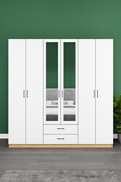 asratrend Lüks 6 Kapaklı Çekmeceli Gardırop %100 MDF Askılı Aynalı Düzenleyic...