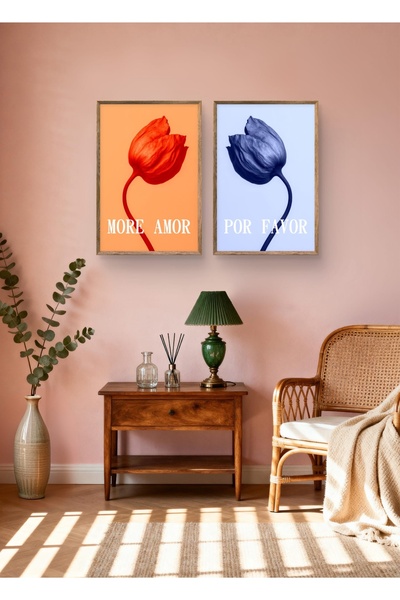 woodretro Laleler İkili Modern Sanat Tablosu ''More Amor - Por Favor'' Ahşap ...