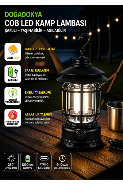 DOĞADOKYA Şarjlı LED Kamp Lambası Dimmer Ayarlı Askılı Portatif Işıldak El Fe...