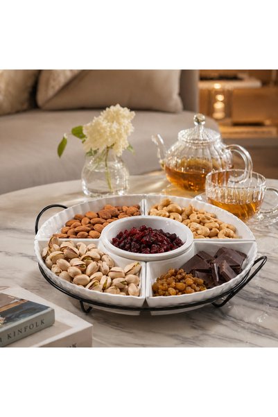 mastergold 14.5 Inch Porcelain Divided Serving Plate with Metal Stand 5 Sections Round Snack Tray Nuts Dates Desserts Elegant