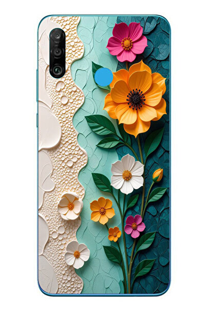 Le Balvo Huawei P30 Lite Uyumlu Güzel Modern Çiçekler Baskılı Silikon Kılıf