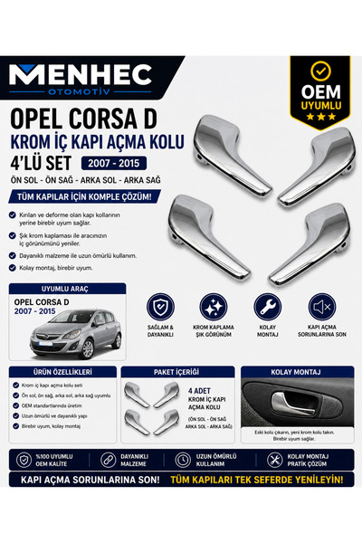 Menhec Otomotiv Opel Corsa D Krom İç Kapı Açma Kolu 4’lü Set 2007-2015 Sol Sa...