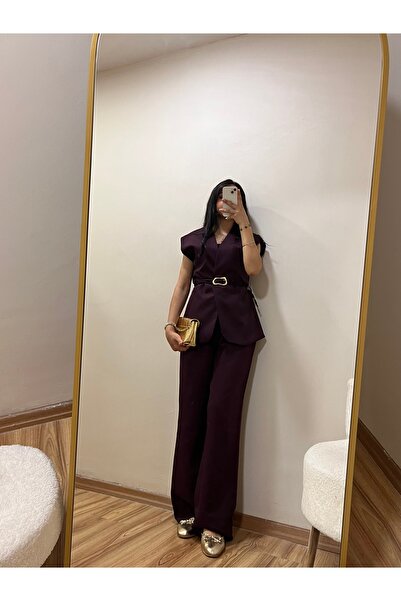 BNGL Boutique Mürdüm yelek& pallazzo pantolon & gold kuşak takım