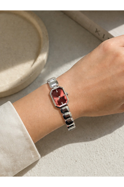 Boris Accessory Kadın Kol Saati Bordo&Yeşil Kadranlı Gümüş Metal Kordon Minim...