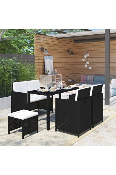 vidaxl Set mobilier de exterior cu perne, 6 piese, negru, poliratan