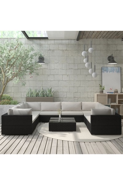 vidaxl Set mobilier de gradina cu perne, 9 piese, negru, poliratan