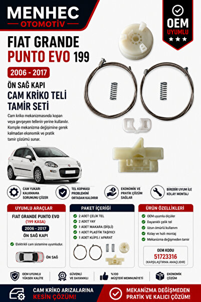 Menhec Otomotiv Fiat Grande Punto Evo 199 2006-2017 Ön Sağ Cam Kriko Teli Tam...