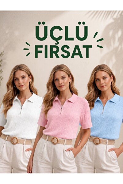 Woolvera 3'lü avantaj seti Kadın Saç Örgü Fermuarlı Triko Polo Yaka Kısa Koll...