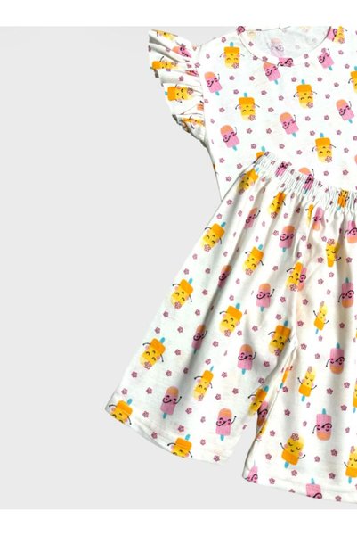 ALİŞ KİDS Girls Cotton White Floral Print Ruffle Sleeves Short Sleeve Shorts Summer Pajama Set