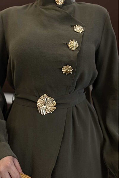 Generic Brand Gold Button Detail Belted Tencel Jacket and Pants Set