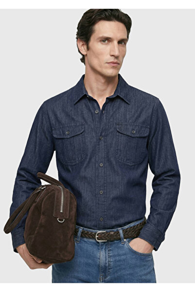 Ramsey Cămașă Indigo, simplă, cu croială lejeră, lungă, țesută, casual, din a...