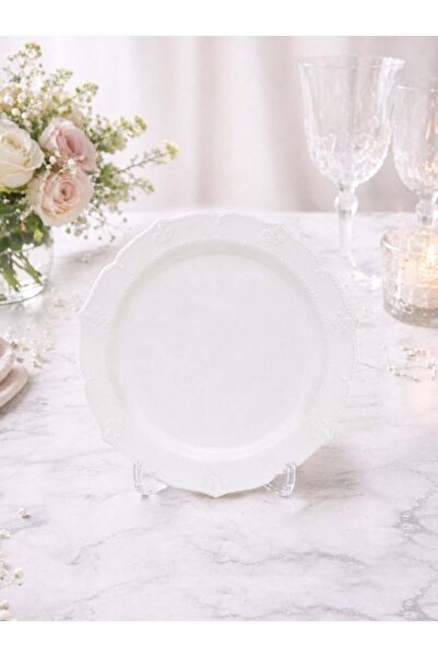 Parti Adresi Lüks Mika Tabak Vintage Desenli Plastik Parti Tabağı Beyaz 22 cm...