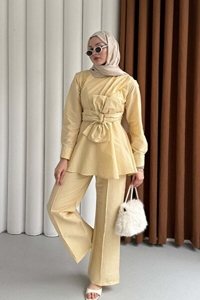 Modaensarbutik Ön Fiyonk Bağlama Detay Pantolonlu Tesettür Takım-SARI